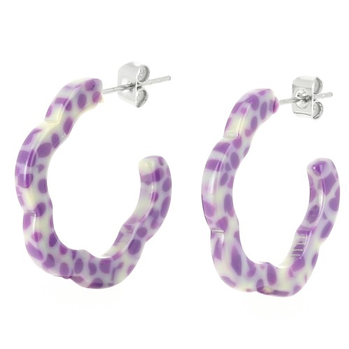 Orecchini a cerchio con fiore in acetato 25x24 mm - Viola screziato - Crema x 2