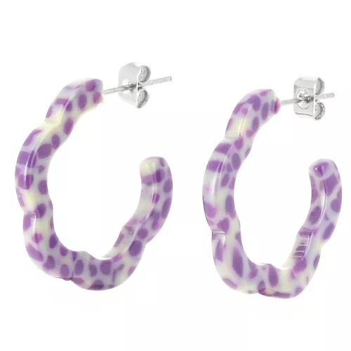 Orecchini a cerchio con fiore in acetato 25x24 mm - Viola screziato - Crema x 2