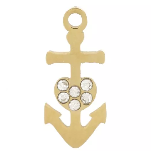Ciondolo ancora 12x5 mm con strass - Acciaio inossidabile 316L Dorato x1