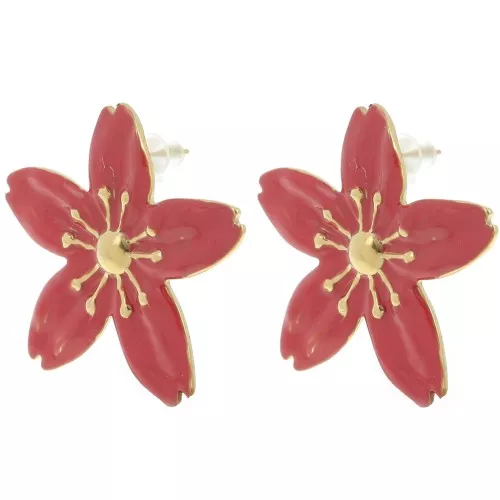 Orecchini con fiori di ciliegio 31x33 mm - Acciaio inossidabile 304L Dorato - Rosso x2