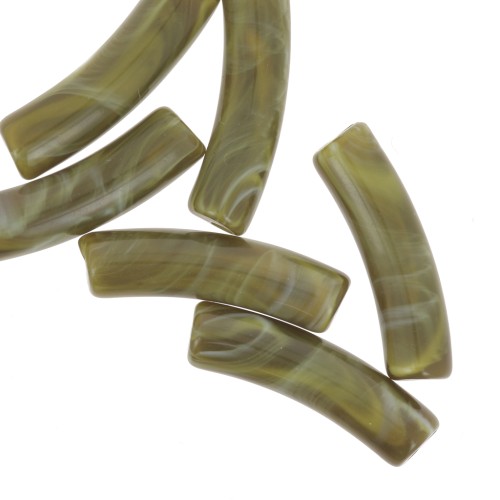 Perline tubolari curve 19x5 mm in acrilico opaco - Olive marbled x10