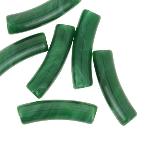 Perle tubolari curve 19x5 mm in acrilico opaco - Verde scuro marmorizzato x10