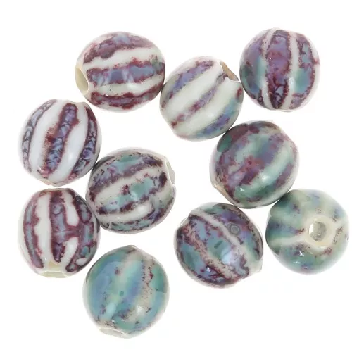 Perline tonde striate in ceramica 11 mm - Blu - Viola - Beige marmorizzato x10