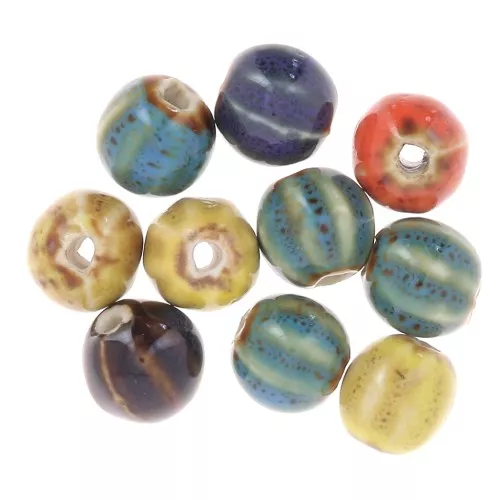 Perline tonde striate in ceramica 11 mm - Multicolore marmorizzato x10