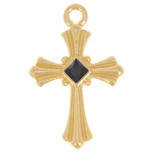 Pendente a croce 23x15 mm in resina epossidica - Dorato con oro fino - Nero x1