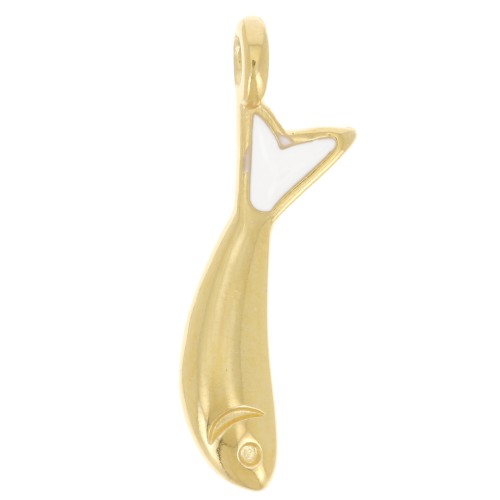 Ciondolo a forma di pesce 20x5 mm in resina epossidica - Dorato in oro fino - Bianco x1