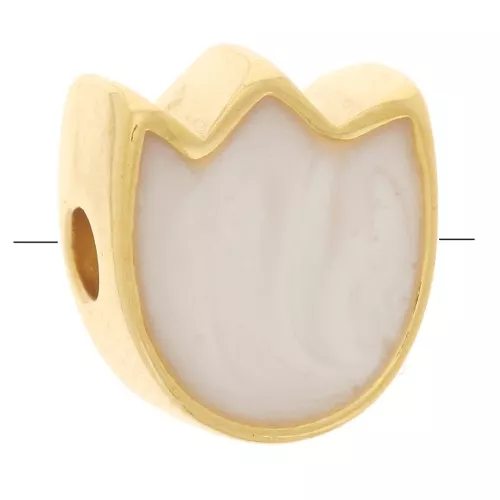 Perla fiore di tulipano 9x8 mm con resina epossidica - Dorata con oro fino - Bianco perlato x1