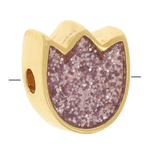Perla fiore di tulipano 9x8 mm in resina epossidica - Dorata con oro fino - Glitter rosa x1