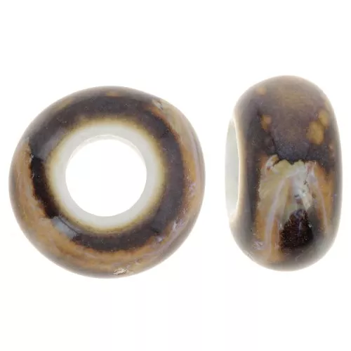 Perline rondelle in ceramica a foro largo 15x9 mm - Marrone marmorizzato x5