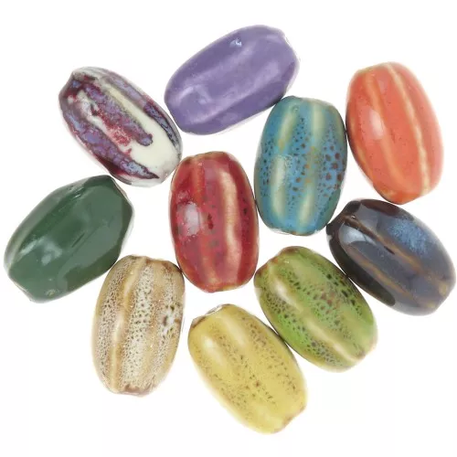 Perline ovali striate in ceramica 21x13 mm - Multicolore marmorizzato x10