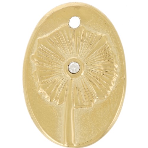 Pendente ovale 20x14 mm - motivo floreale con strass - Acciaio inossidabile 316L Dorato x1