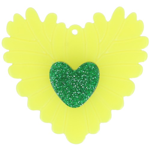 Pendente cuore in rilievo 37x39mm in acrilico Giallo fluorescente Glitter verde x1