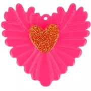 Cuore in rilievo 37x39 mm pendente in acrilico - Rosa fluorescente - Dorato glitterato x1