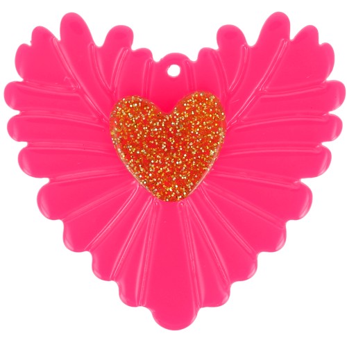 Cuore in rilievo 37x39 mm pendente in acrilico - Rosa fluorescente - Dorato glitterato x1