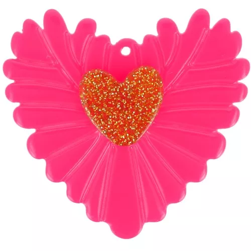 Cuore in rilievo 37x39 mm pendente in acrilico - Rosa fluorescente - Dorato glitterato x1