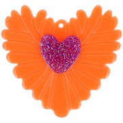 Pendente cuore 37x39mm in acrilico Arancio fluorescente Brillantini viola