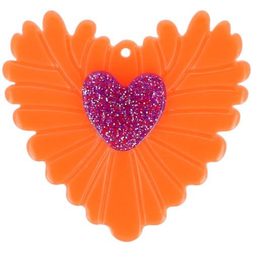 Pendente cuore 37x39mm in acrilico Arancio fluorescente Brillantini viola