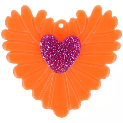 Pendente cuore 37x39mm in acrilico Arancio fluorescente Brillantini viola