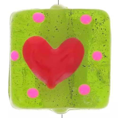 Perla di vetro quadrata 15x15 mm - Cuore - Verde oliva - Rosso x1