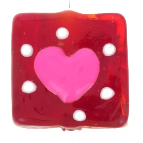 Perla quadrata in vetro 15x15 mm - Cuore - Rosso - Rosa x1
