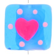 Perla quadrata in vetro 15x15 mm - Cuore - Blu - Rosa x1