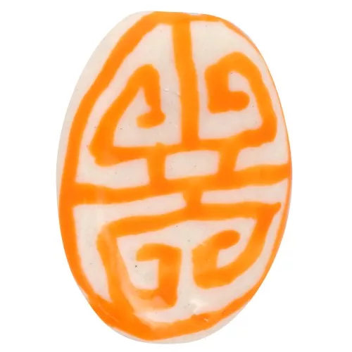 Perla ovale piatta in ceramica 19x14 mm - motivo azteco - Bianco - Arancione x1
