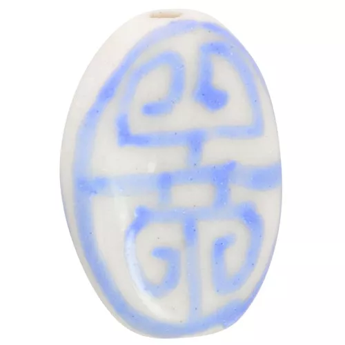 Perla ovale piatta in ceramica 19x14 mm - motivo azteco - Bianco - Blu x1