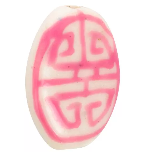 Perlina ovale piatta in ceramica 19x14 mm - motivo azteco - Bianco - Rosa x1