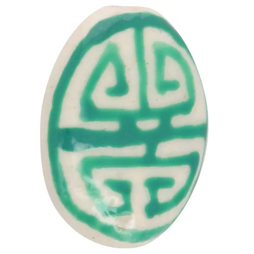 Perla ovale piatta in ceramica 19x14 mm - motivo azteco - Bianco - Verde x1