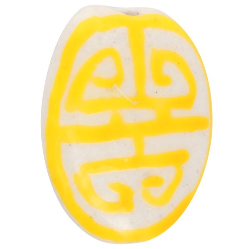 Perla ovale piatta in ceramica 19x14 mm - motivo azteco - Bianco - Giallo x1