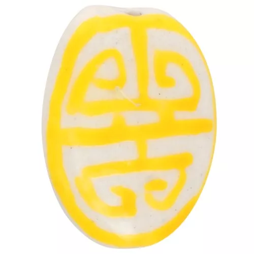 Perla ovale piatta in ceramica 19x14 mm - motivo azteco - Bianco - Giallo x1