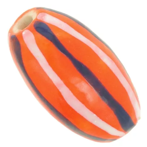 Perla di oliva in ceramica 17,5x9 mm - Motivo a righe - Arancione - Bianco - Blu x1