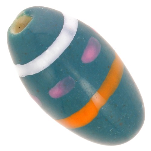 Perla di oliva in ceramica 17x9 mm con motivi - Blu anatra - Arancione - Bianco x1