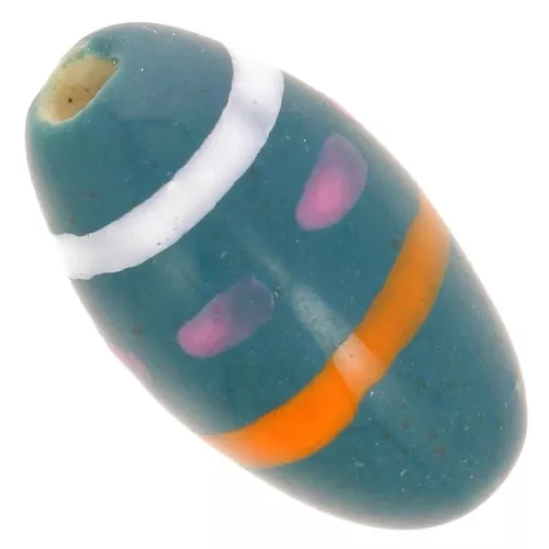 Perla di oliva in ceramica 17x9 mm con motivi - Blu anatra - Arancione - Bianco x1