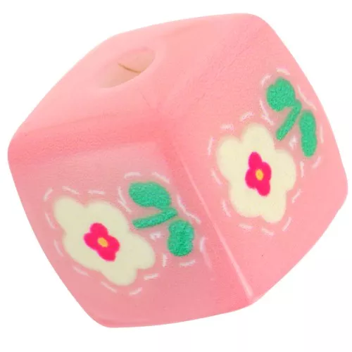 Perla cubo acrilica da 14 mm - Motivo floreale - Rosa chiaro - Bianco x1