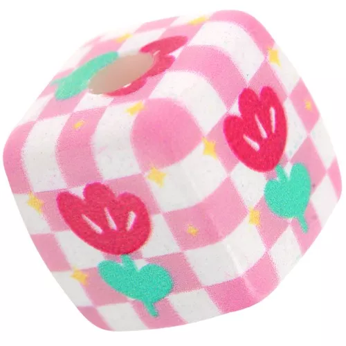 Perla cubo in acrilico da 14 mm - motivo a quadri e fiori - Rosa - Bianco x1