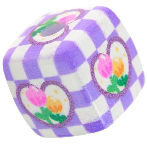 Perla cubo acrilico da 14 mm - motivo a quadri e fiori - Viola - Bianco x1