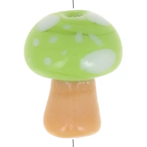 Perlina a fungo in vetro 12x10 mm - Motivo a pois - Verde chiaro - Marrone chiaro x1