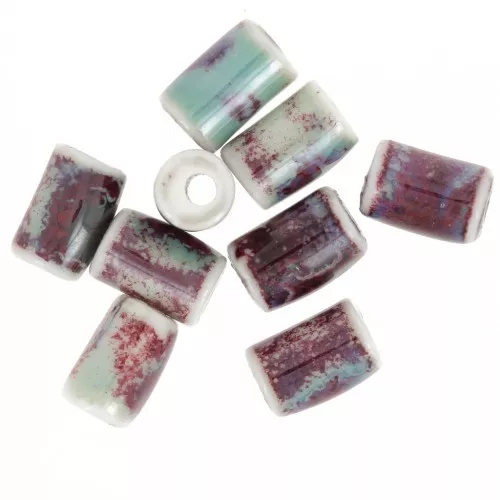 Perline tubolari in ceramica 10x6 mm - Turchese - Prugna marmorizzato x10