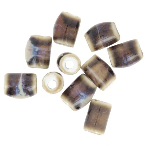 Perline tubolari in ceramica 10x7 mm - Ecrù - Marrone scuro marmorizzato x10