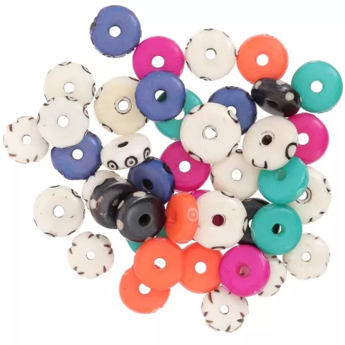 Assortimento di perle rotonde piatte in osso inciso - Multicolore x39g
