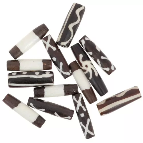 Assortimento di perle tubolari in osso - Etnico - Marrone - Bianco x29g