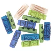 Assortimento di perle tubolari in osso incise da 25 mm - Verde - Blu e Naturale x24g