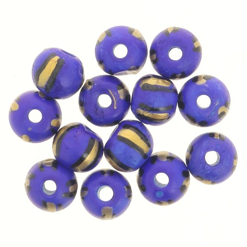 Assortimento di perle rotonde appiattite 10x8 mm in osso colorato - a righe - blu - Dorato x20