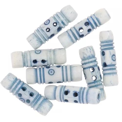 Assortimento di perle tubolari in osso incise da 25x7,5 mm - Azzurro x10