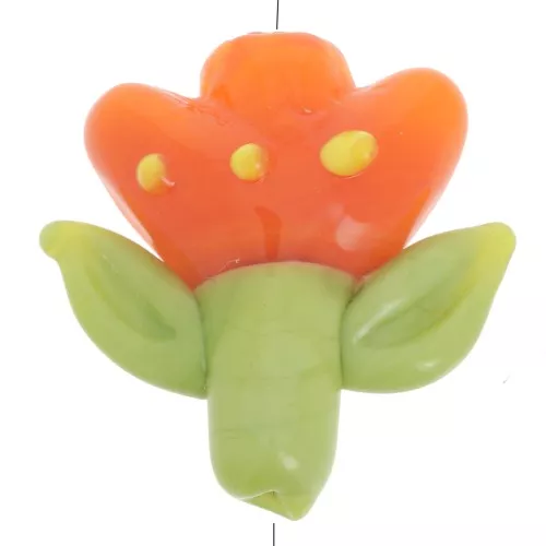 Perla di vetro a fiore 21,5x20 mm - Arancione - Verde x1