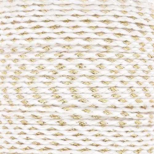 Cordoncino di cotone intrecciato e filo metallico 1,5 mm - Bianco - Dorato x1m