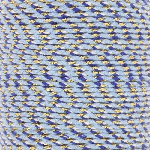 Cordoncino di cotone intrecciato e filo metallico 1,5 mm - Multi Blu - Bianco - Dorato x1m