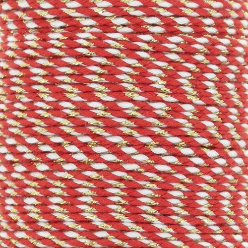 Cordoncino di cotone intrecciato e filo metallico 1,5 mm - Rosso - Bianco - Dorato x1m