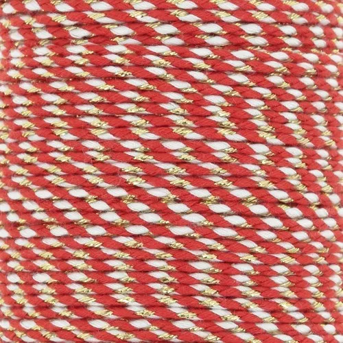 Cordoncino di cotone intrecciato e filo metallico 1,5 mm - Rosso - Bianco - Dorato x1m